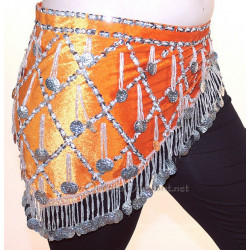 Ceinture de danse orientale en velours orange et argent