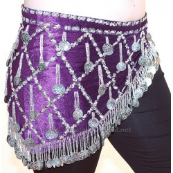 Ceinture de danse orientale en velours et franges perlées violet et argent