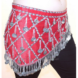 Ceinture de danse orientale en velours et franges perlées rouge et argent