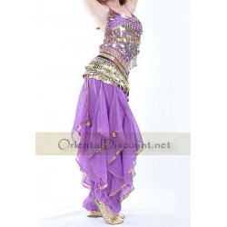 Pantalon De Danse Orientale Femme à Paillettes Avec Pompons - Sarouel Taille Unique 70-90cm, Idéal Belly Dance, Spectacle, Fête Déguisée