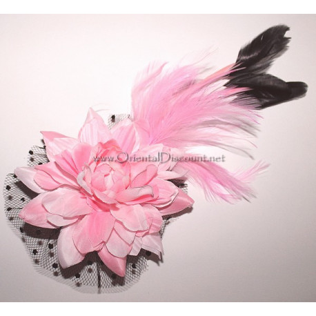 Fleur à cheveux et plumes rose clair