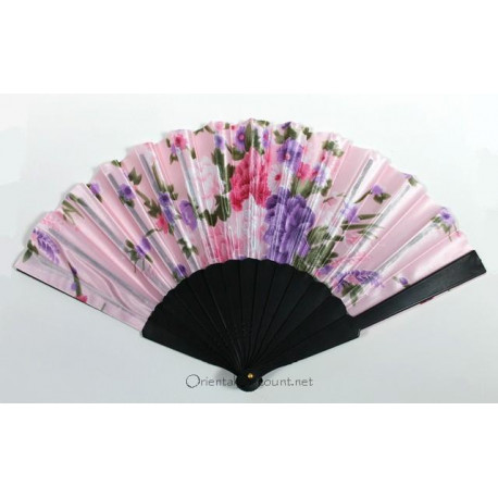 Eventail de danse orientale satiné fleuri rose