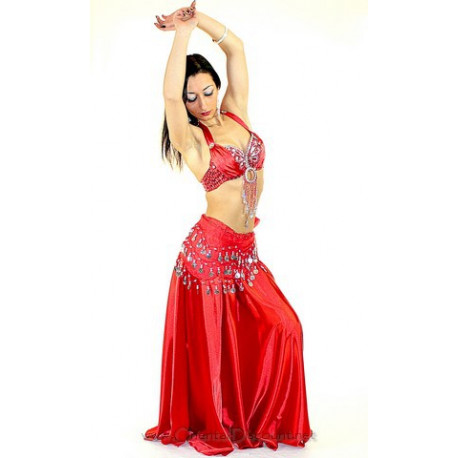 Tenue de danse orientale rouge et argent 3 pièces