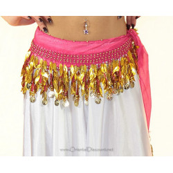 Ceinture de danse orientale feuilles dorées fuschia