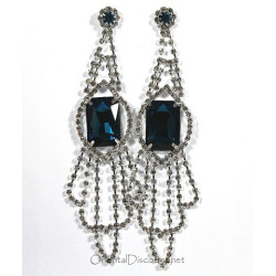 Boucles d'oreilles longues strass argenté indigo et pierre strass