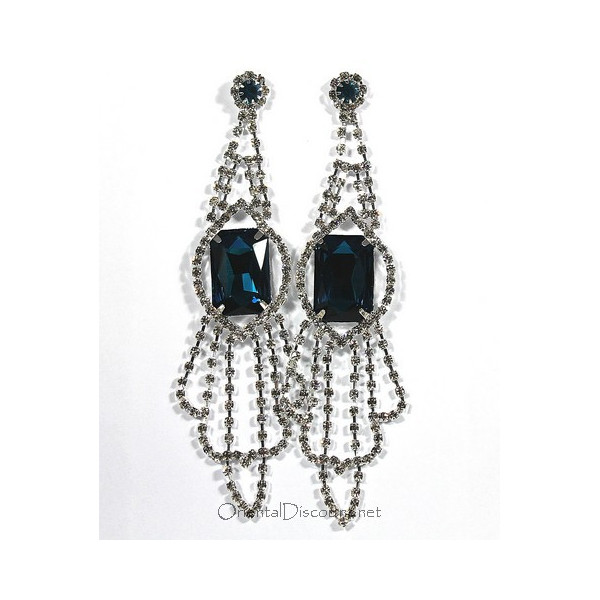 Boucles d'oreilles longues strass argenté indigo et pierre strass