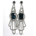 Boucles d'oreilles longues strass argenté indigo et pierre strass