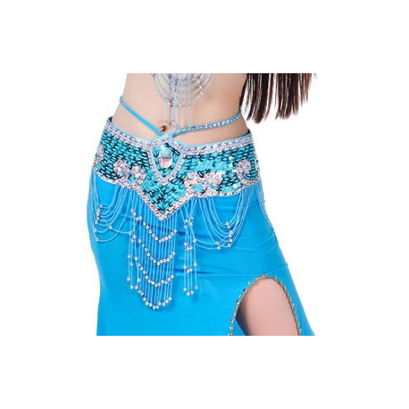 Ceinture de danse orientale perlée turquoise et strass