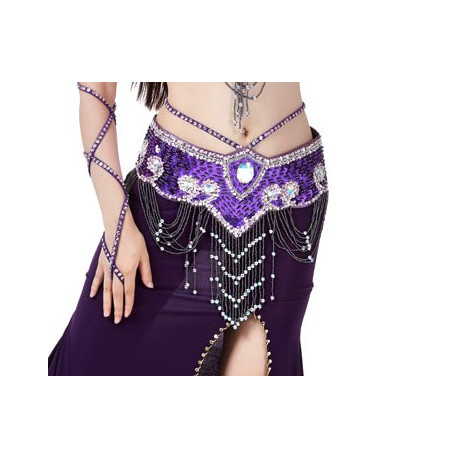 Ceinture de danse orientale perlée violet et strass