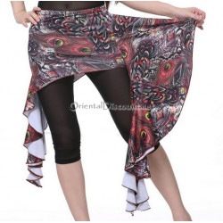 Ceinture de danse orientale jupette motifs plumes de paon rouge