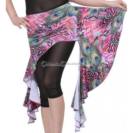 Ceinture de danse orientale jupette motifs plumes de paon rose