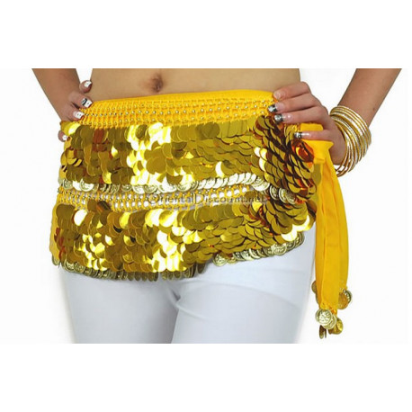 Ceinture de danse orientale pastilles jaune et sequins dorés