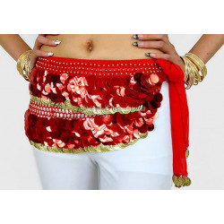 Ceinture de danse orientale pastilles rouge et sequins dorés