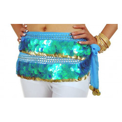 Ceinture de danse orientale pastilles turquoise et sequins dorées