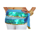 Ceinture de danse orientale pastilles turquoise et sequins dorées