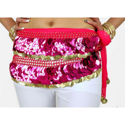 Ceinture de danse orientale pastilles rose et sequins dorées