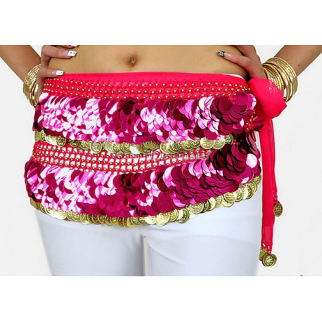 Ceinture de danse orientale pastilles rose et sequins dorées
