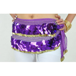 Ceinture de danse orientale pastilles violette et sequins dorées