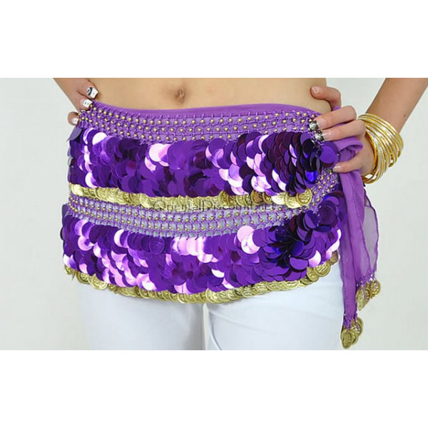 Ceinture de danse orientale violet à sequins dorés et pastilles