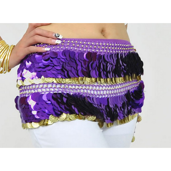 Ceinture de danse orientale violet à sequins dorés et pastilles