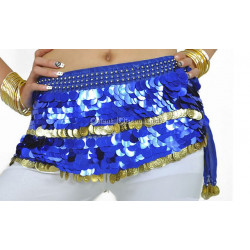 Ceinture de danse orientale pastilles bleu roy et sequins dorés