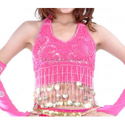 Top dos nu pailleté et sequins rose