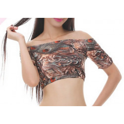 Brassière de danse orientale imprimé plumes de paon marron