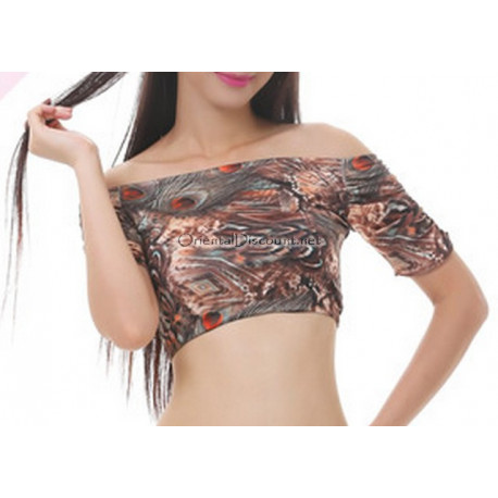 Brassière de danse orientale imprimé plumes de paon marron