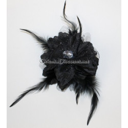 Pince double fleur à cheveux plume et strass noir
