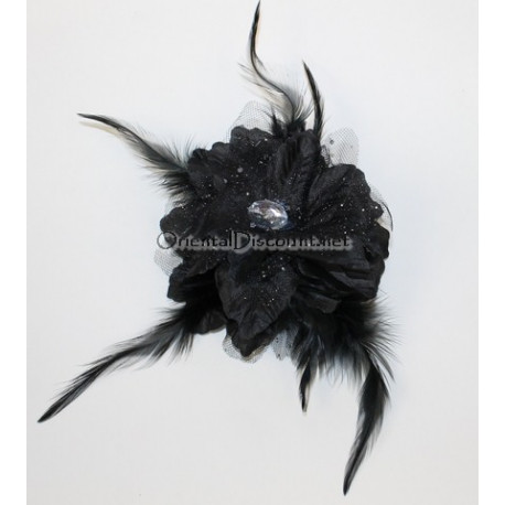 Pince double fleur à cheveux plume et strass noir