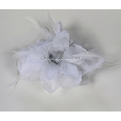 Pince double fleur à cheveux plume et strass blanc