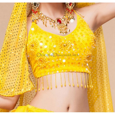 Top pailleté de danse orientale jaune