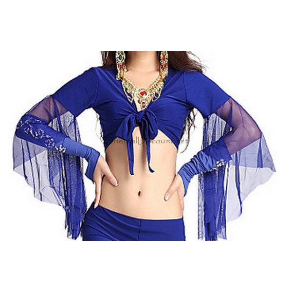 Freebily Femme Boléro Danse Du Ventre Spectacle Cardigan Haut Danse Orientale Lacets Manches Evasées Blouse Costume Danse Tenue Dancewear Bleu Ciel L