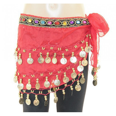 Ceinture de danse orientale enfant mousseline et pierres couleur rouge