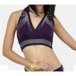 Top d'entrainement strass de danse orientale prune