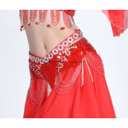 Ceinture de danse orientale perlée rouge et argenté