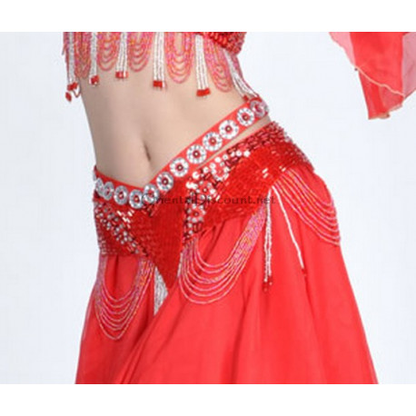 Ceinture de danse orientale perlée rouge et argenté
