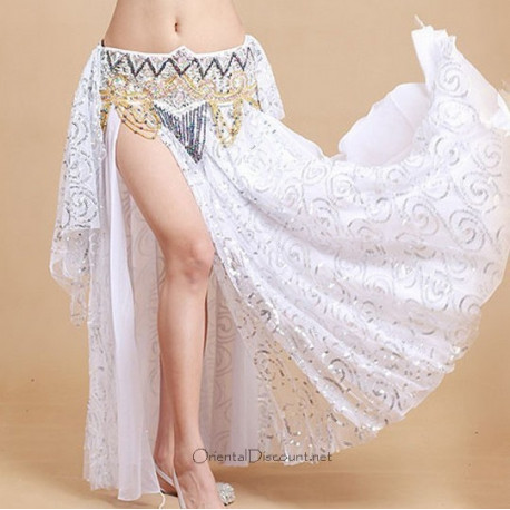 Jupe de danse orientale ouverte doublée blanc et argent