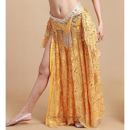 Jupe de danse orientale ouverte doublée jaune et or