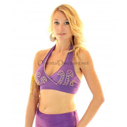 Bustier dos nu de danse orientale perlé or et violet