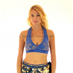 Bustier dos nu de danse orientale perlé or et bleu nuit