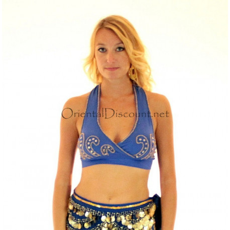 Bustier dos nu de danse orientale perlé or et bleu nuit