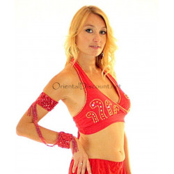Bustier dos nu de danse orientale perlé or et rouge