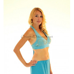 Bustier dos nu de danse orientale perlé or et turquoise