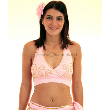 Bustier dos nu de danse orientale perlé or et rose pâle