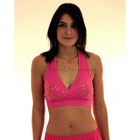 Bustier dos nu de danse orientale perlé or et fuschia