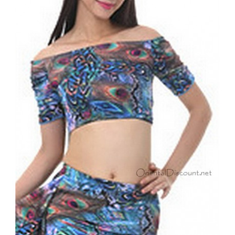 Brassière de danse orientale imprimé plumes de paon bleu