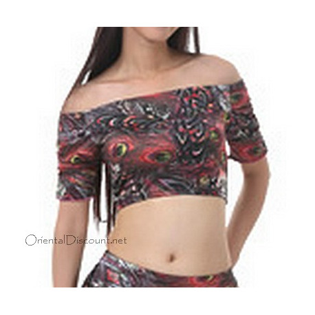 Brassière de danse orientale imprimé plumes de paon rouge