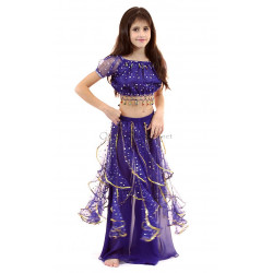 Costume de danse orientale enfant top + jupe à paillettes bleu nuit