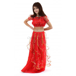 Costume de danse orientale enfant top + jupe à paillettes rouge